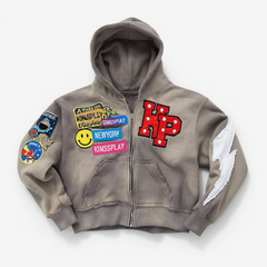 Patch Letter Embroidered Zipper Hoodie