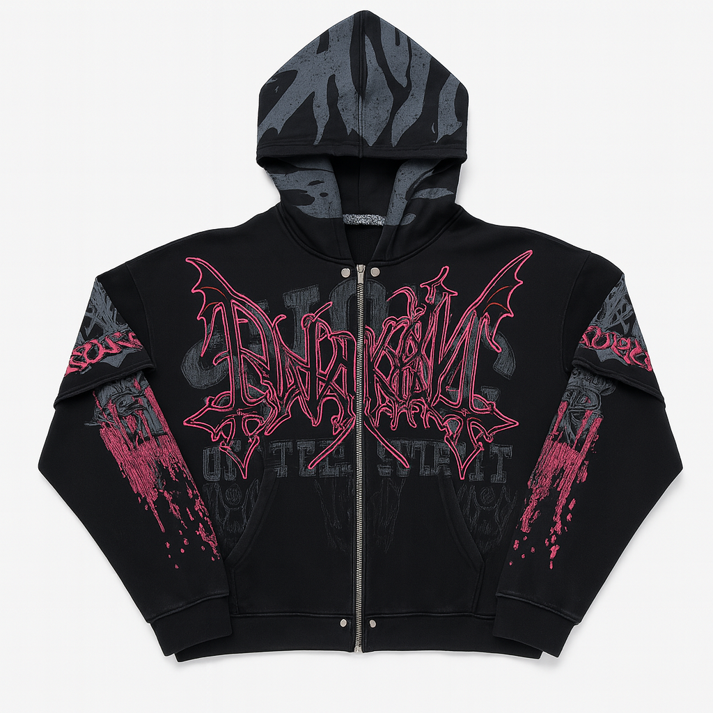 Studded Acid-Wash Graphic Zip Hoodie