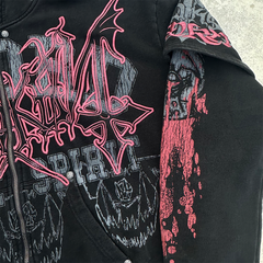 Studded Acid-Wash Graphic Zip Hoodie