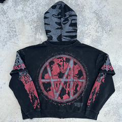 Studded Acid-Wash Graphic Zip Hoodie