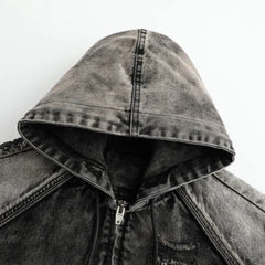 Akembos Vintage Washed Patchwork Hooded Denim Jacket