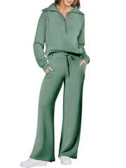 Akembos 2 Piece Outfits Half Zip Sweatshirt And Wide Leg Sweatpant